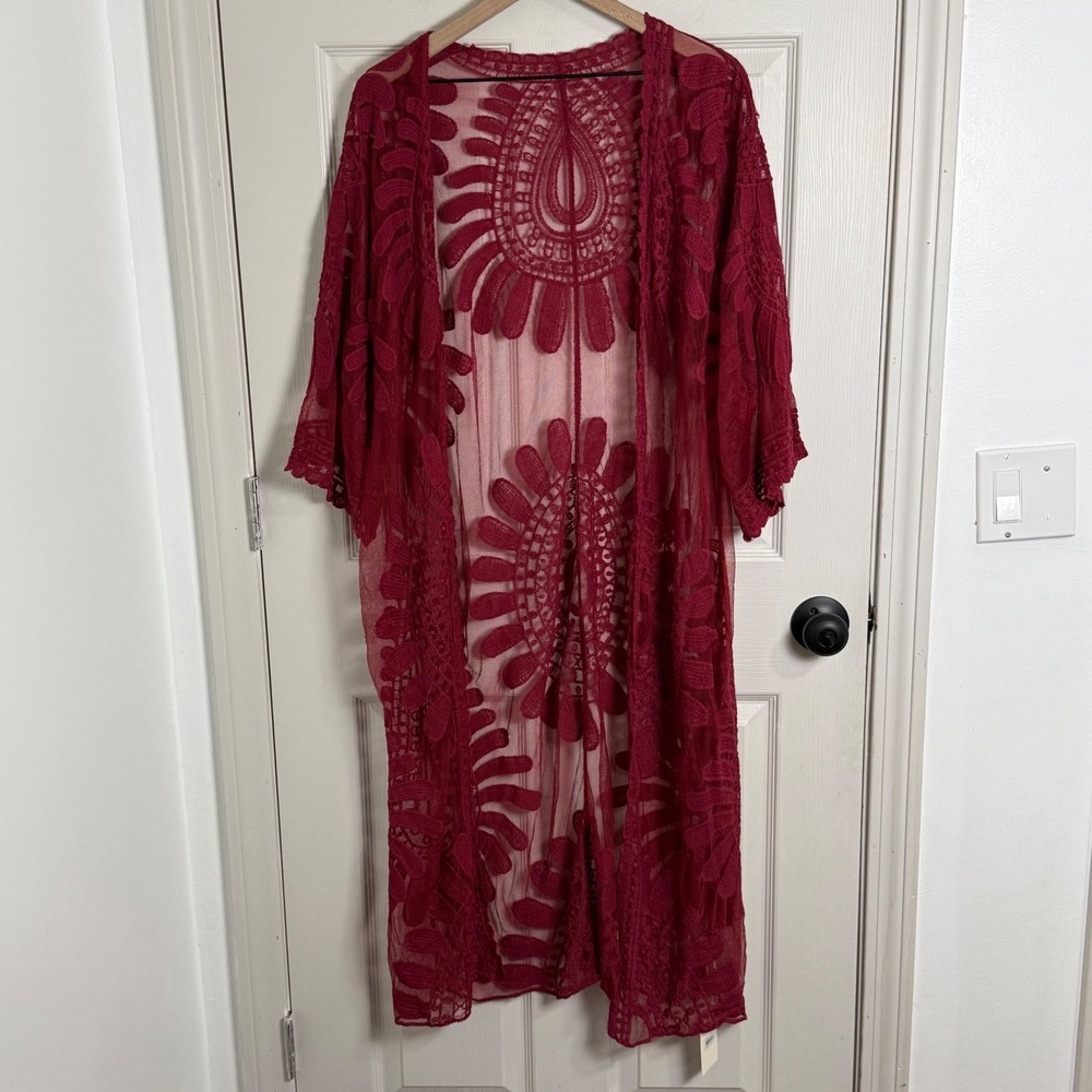Kimono Cardigan Women OS Red Lace Crochet Sheer Boho Duster Lightweight Layering